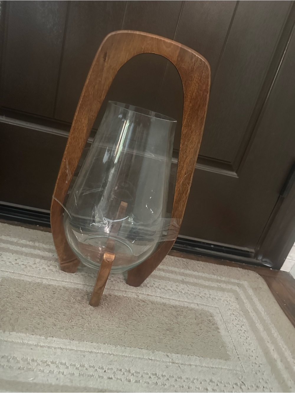 West Elm Wood and Glass Hurricane Lantern - Brown and Clear